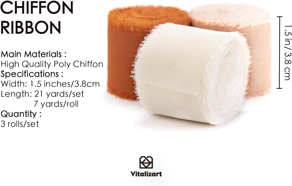 Vitalizart Fall Handmade Chiffon Silk Ribbon Fringe 1.5" x 21 Yd Terracotta Cream Frayed Edges Ribbons for Wedding Invitations Bridal Bouquets Gifts Wrapping Crafts Holiday Party Decorations