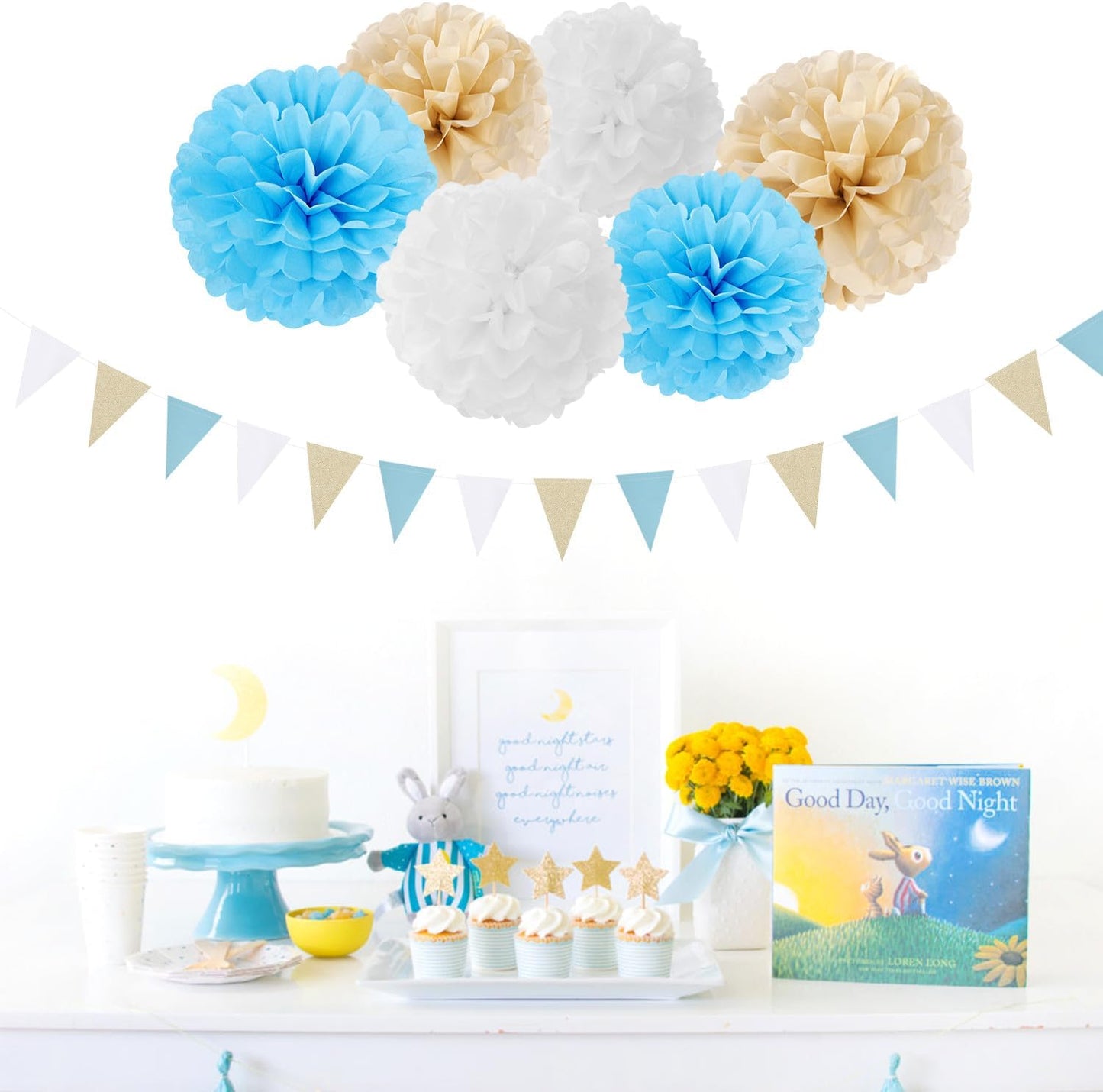 Light-Blue White Boho Champagne-Gold Party-Decorations - 23pcs Boy Birthday Baby Shower Paper Tissue Pom Poms Streamers,Tassel Garland Banner,Bachelorette Bridal Wedding Dusty Decor Lasting Surprise