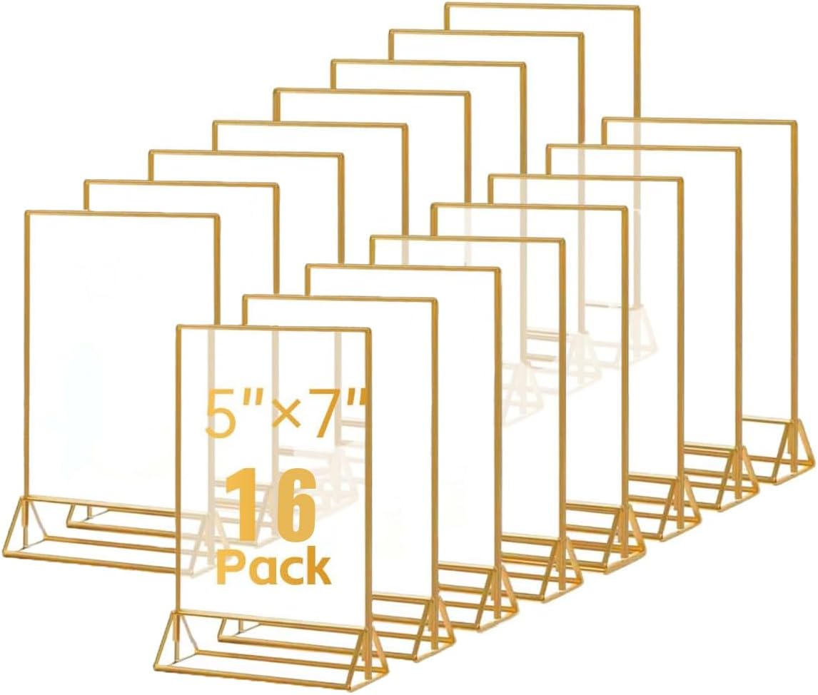 16 Pack Gold Acrylic Sign Holder, 5x7 Inch Picture Frames Wedding Double Sided Display Clear Sign Holders Stand Desktop Table Menu for Wedding Party Restaurant