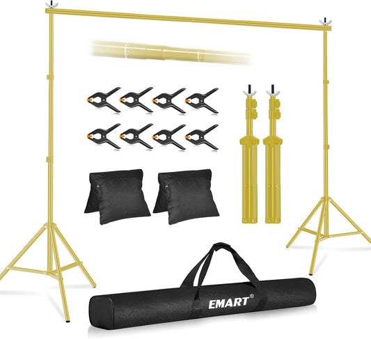 EMART Backdrop Stand 10x8.5ft(WxH) Photo Studio Adjustable Background Stand Support kit with 2 Crossbars, 8 Clamps, 2 Sandbags and Carry Bag for Parties, Events Decoration, Wedding -Titanium Gold