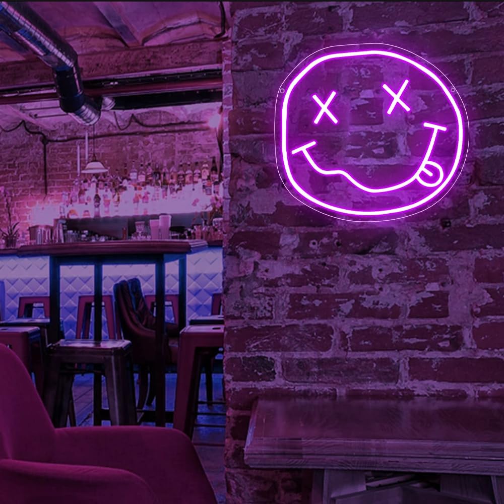 Smiley Face Neon Sign,Melting Smile Face LED Light Signs for Backdrop,Purple Wall Art Decor for Bar Bedroom Kids Room Party Decorations,Gift for Kids Teens Women USB Powered（11.8"*10.8"）