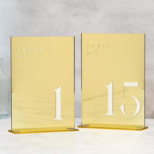 JINMURY Gold Wedding Table Numbers 1-15 with Stands, 5"x7" Gold Mirror Acrylic Table Numbers, Perfect for Wedding Reception, Party, Anniversary, Event