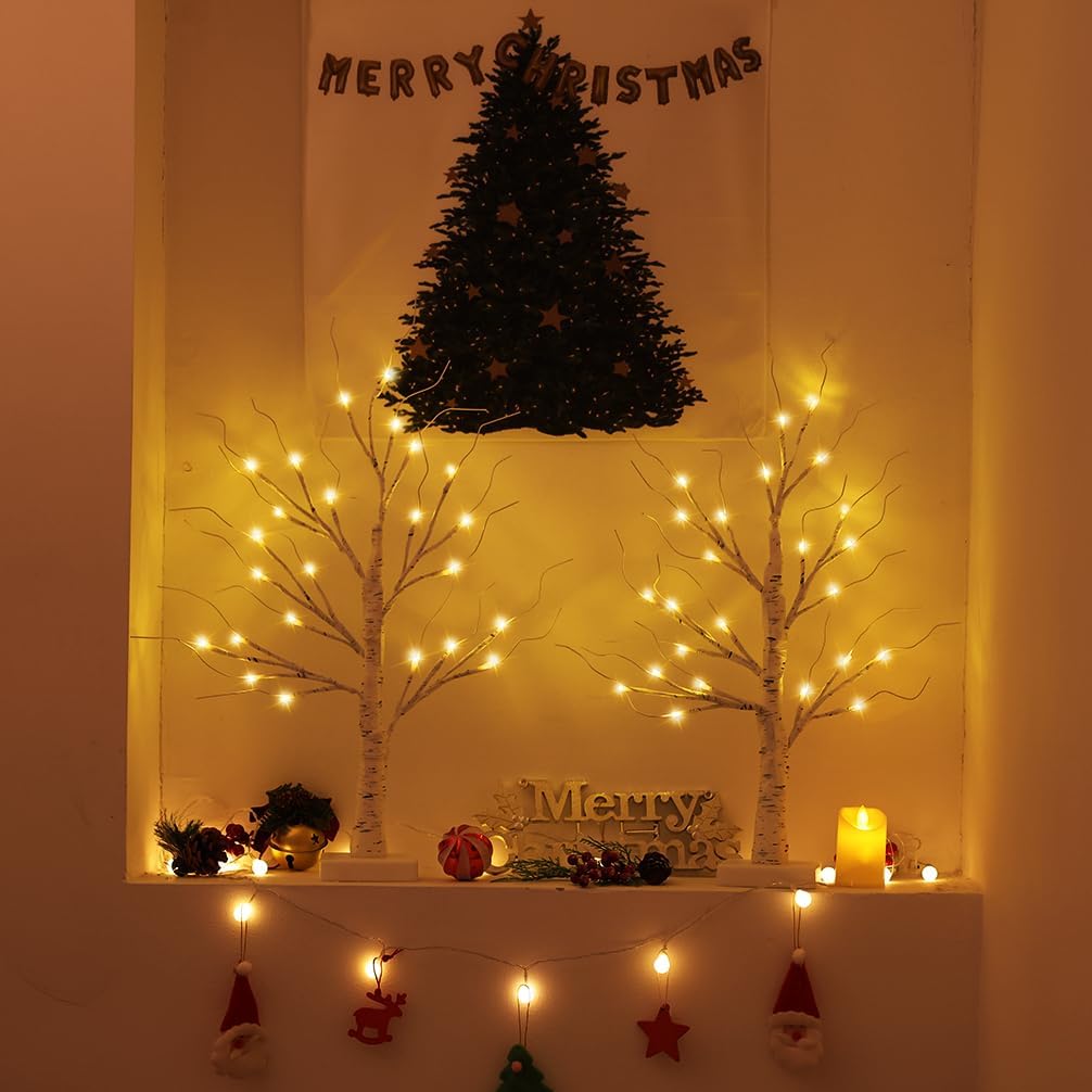 2FT Lighted Birch Tree,Christmas Decorations for Indoor,Table Top Christmas Trees with Lights,Dual Power USB or Battery,Lighted Tree for Winter Holidays Halloween Wedding Decor Set of 2