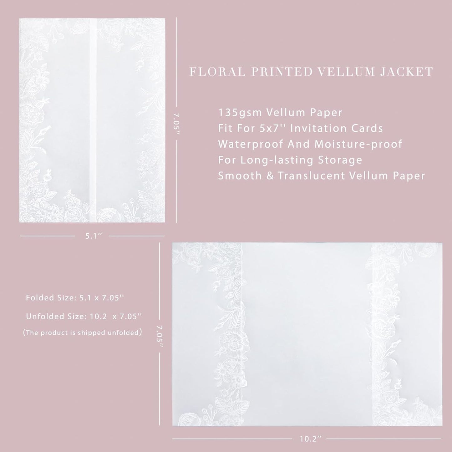 PONATIA 50PCS White Vellum Jackets for 5x7 Invitation Cards- 135GSM White Foil Print Flowers Sleeves, Vellum Paper 5x7 Wraps - Transparent Christmas Gift Cards Jackets