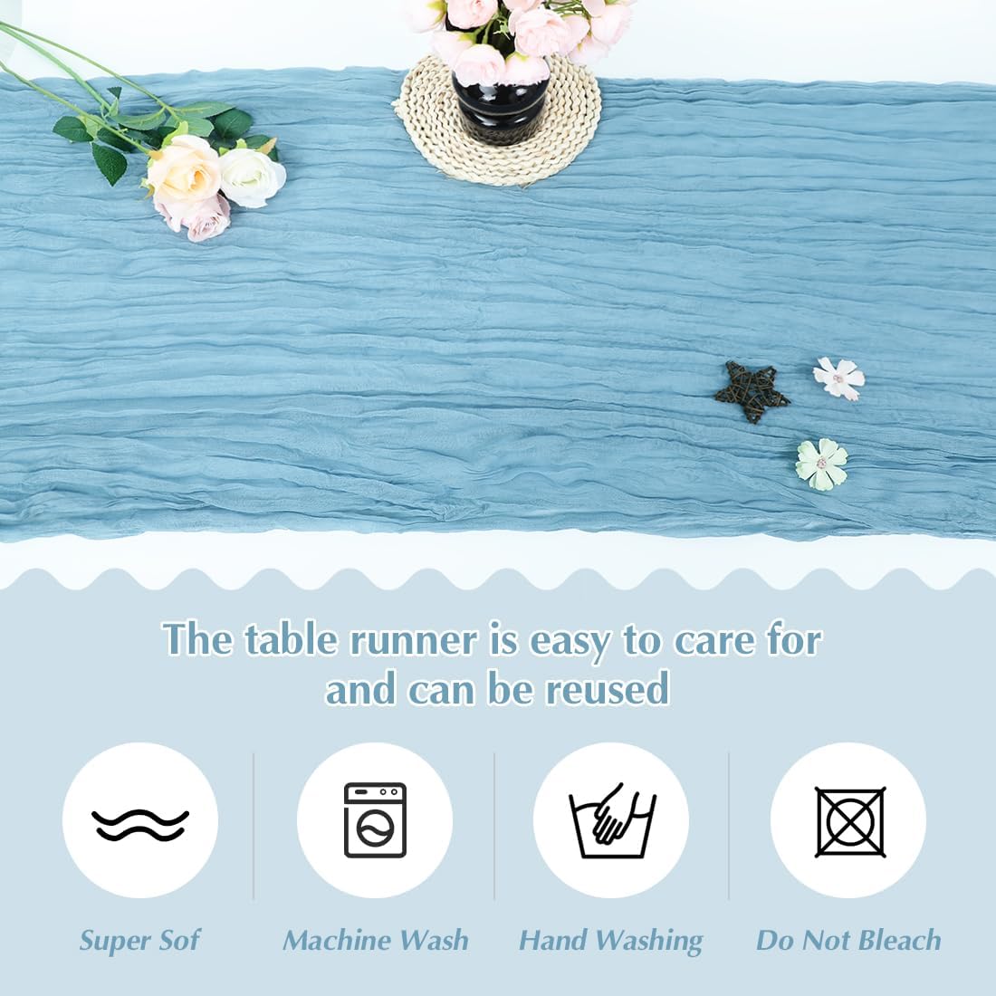 10 Pack Baby Blue Cheesecloth Table Runner -21*120Inch Long Boho Wedding Table Decor, Rustic Gauze Fabric Runner for Bridal Showers, Baby Showers & Parties (Sheer, Lightweight, Wrinkled Design)