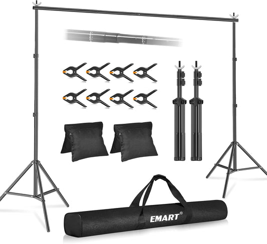 EMART Backdrop Stand 10x8.5ft(WxH) Photo Studio Adjustable Background Stand Support Kit with 2 Crossbars, 8 Backdrop Clamps, 2 Sandbags and Carrying Bag for Parties Events Decoration