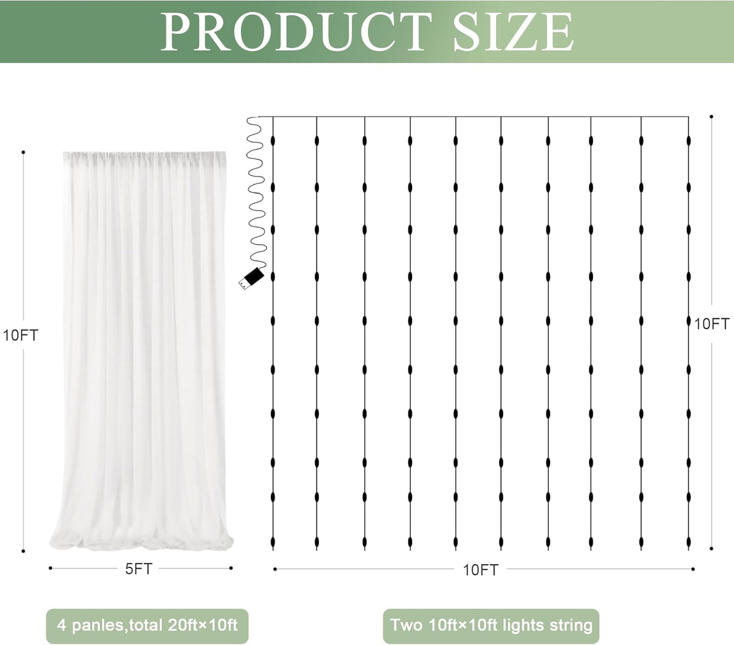 Tulle Backdrop Curtain with Lights String 20 X 10FT Ivory Sheer Tulle Backdrop Curtains for Wedding Birthday Party Reception Photo Booth Background Decorations (4 Panels 5x10FT)