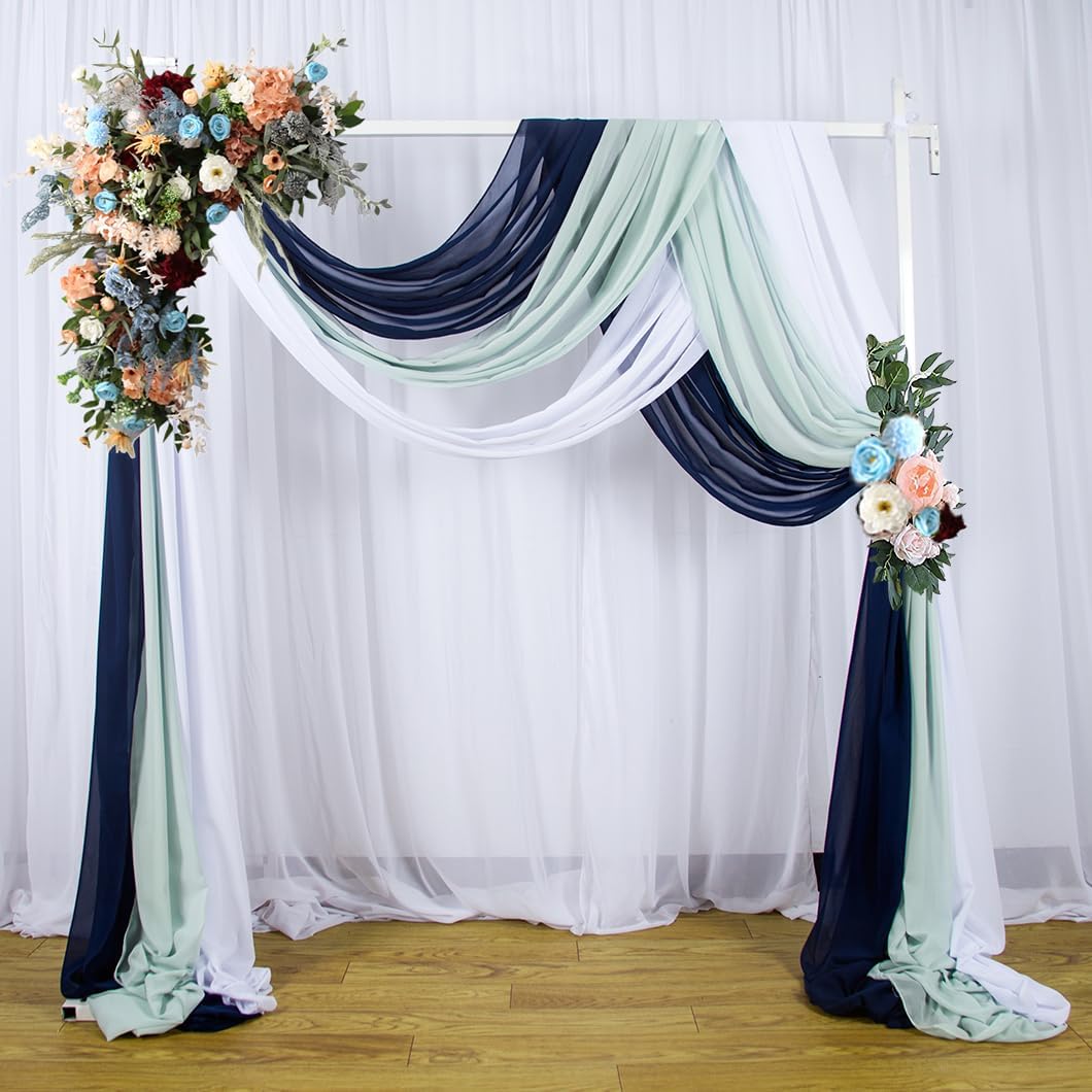 3 Panels 20Ft Chiffon Wedding Arch Drapes Navy Sheer Ceiling Drapes Romance Coast Atmospher Wedding Arch Draping Fabric Arbor Drapery Wedding Anniversary Decorations (White+Aqua+Navy)