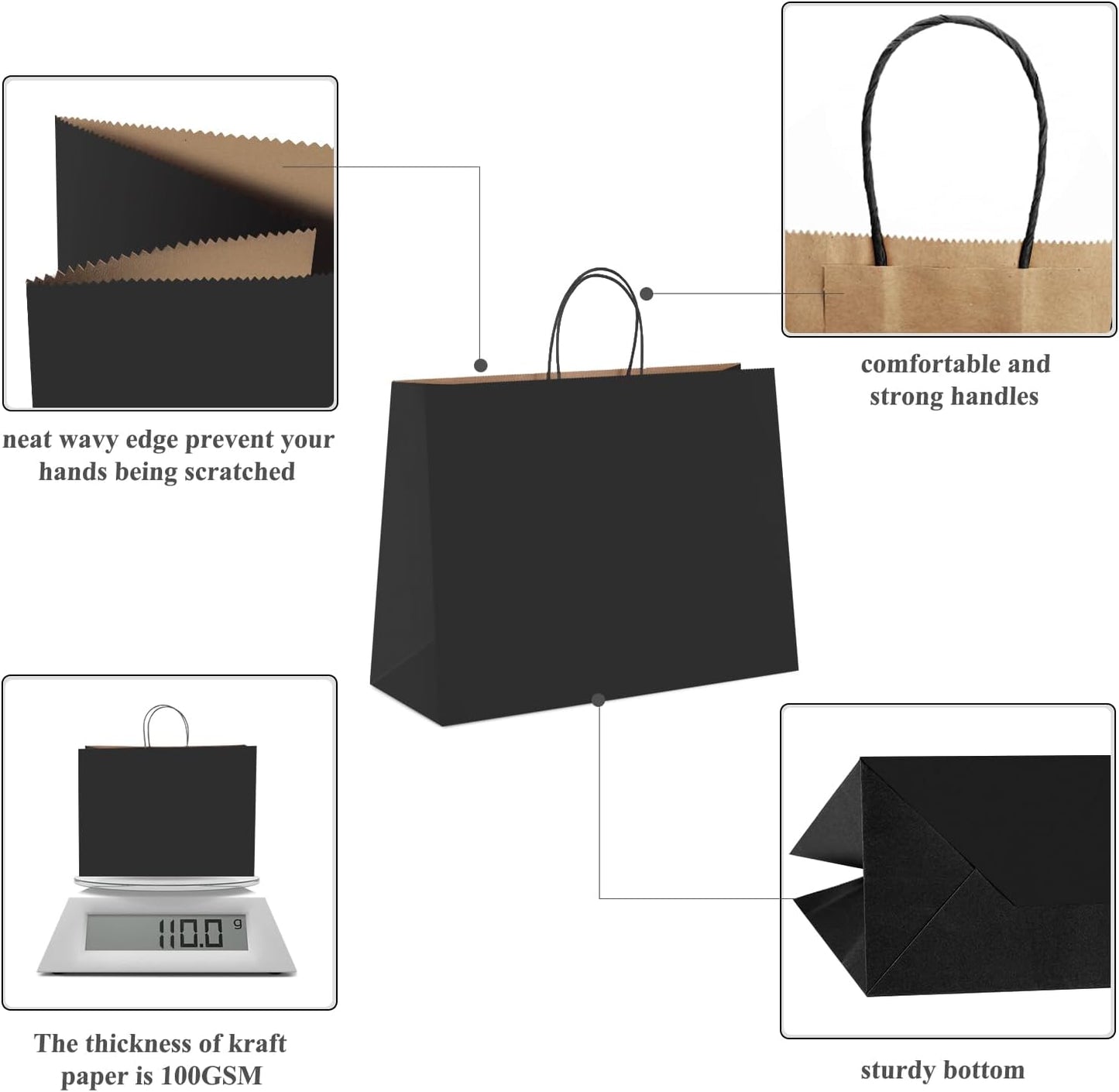 GSSUSA Black Large Gift Bags 16x6x12 100Pcs Sturdy Shopping Bags,Party,Merchandise, Kraft, Retail, Black Paper with Handles