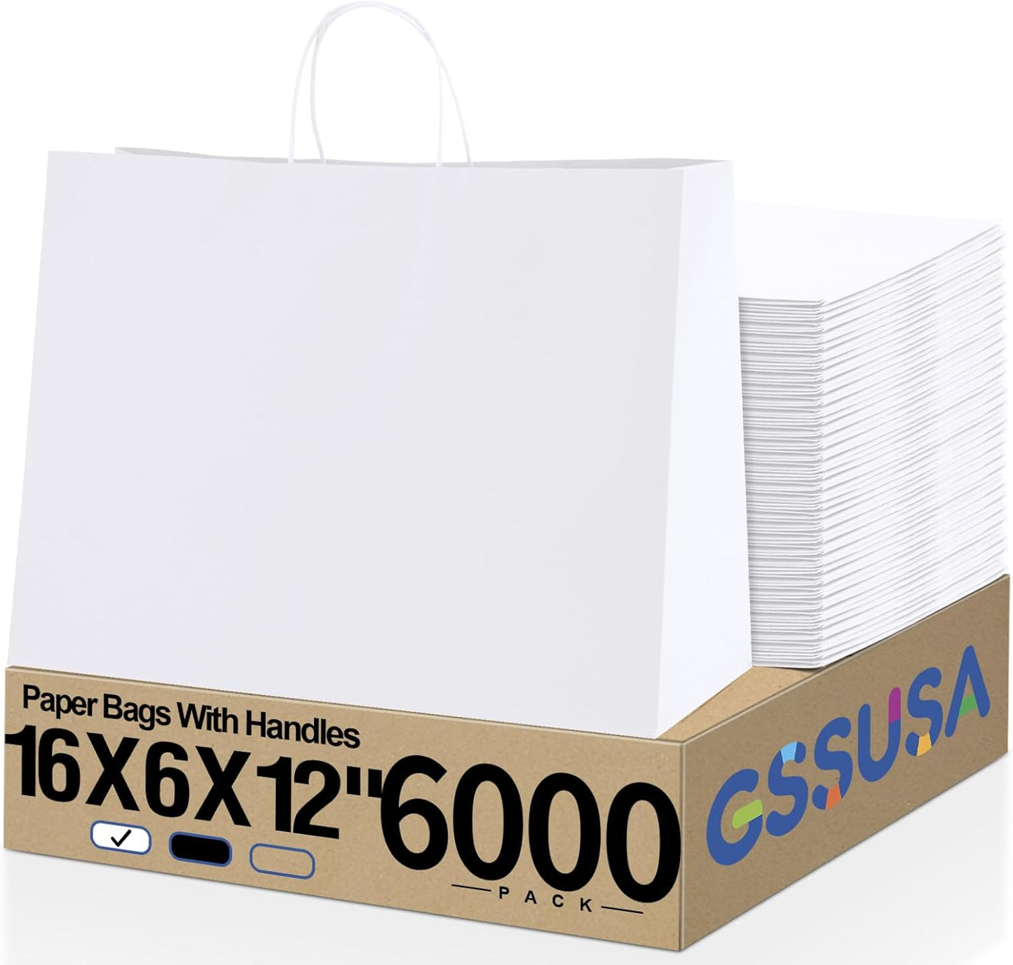 GSSUSA 16x6x12 Inches Large Paper Bags with Handles, 6000 Pack White Paper Gift Bag, Recyclable Kraft Paper Shopping Bags for Small Business, Party Favor, Craft Bag for Boutique