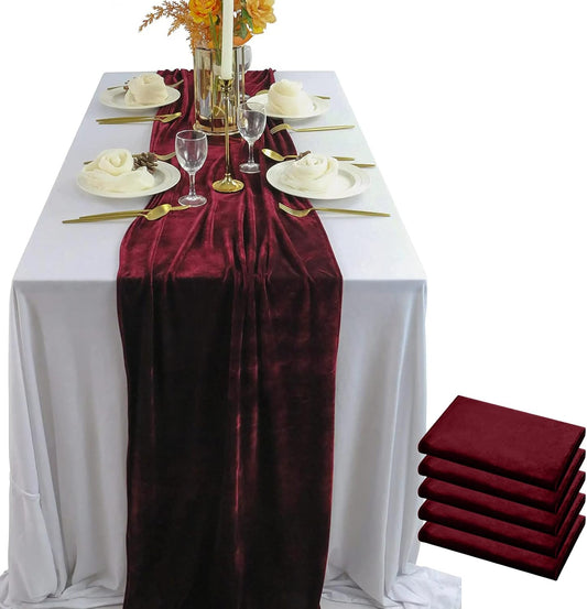 Luxurious Velvet Table Runner, 10ft Wedding Reception Decorations, 20x120inch Soft Velvet Fabric, Table Linen Overlay, Wedding Table Runners (Burgundy, 20X120inch, 5pack)