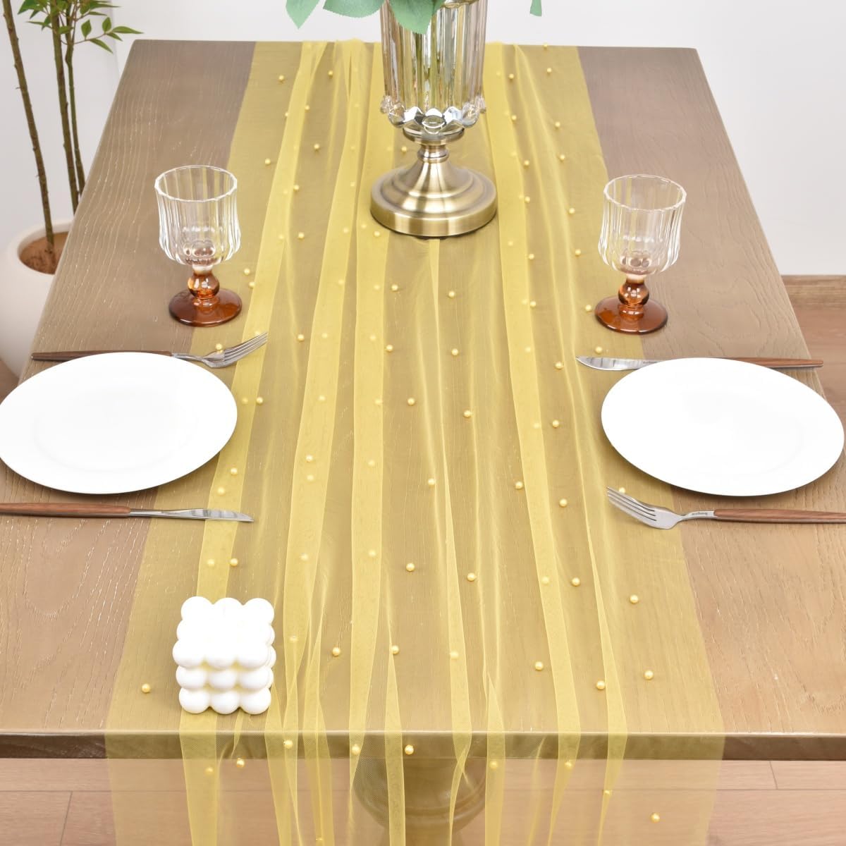 Joanlody Fall Pearl Table Runner 10ft Rustic Boho Tulle Table Runner with Pearls for Baby Shower Wedding Party Veil Dessert Thanksgiving Table Decor Yellow