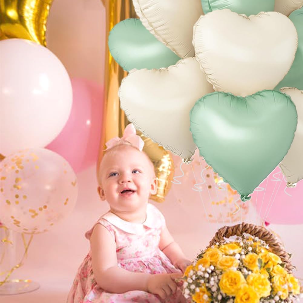 Baby White Heart Balloons，18 Inch Light Green Helium Foil Love Heart Shaped Balloons for Anniversary Wedding Engagement Birthday Party Baby Shower Valentines Decorations(12Pcs)