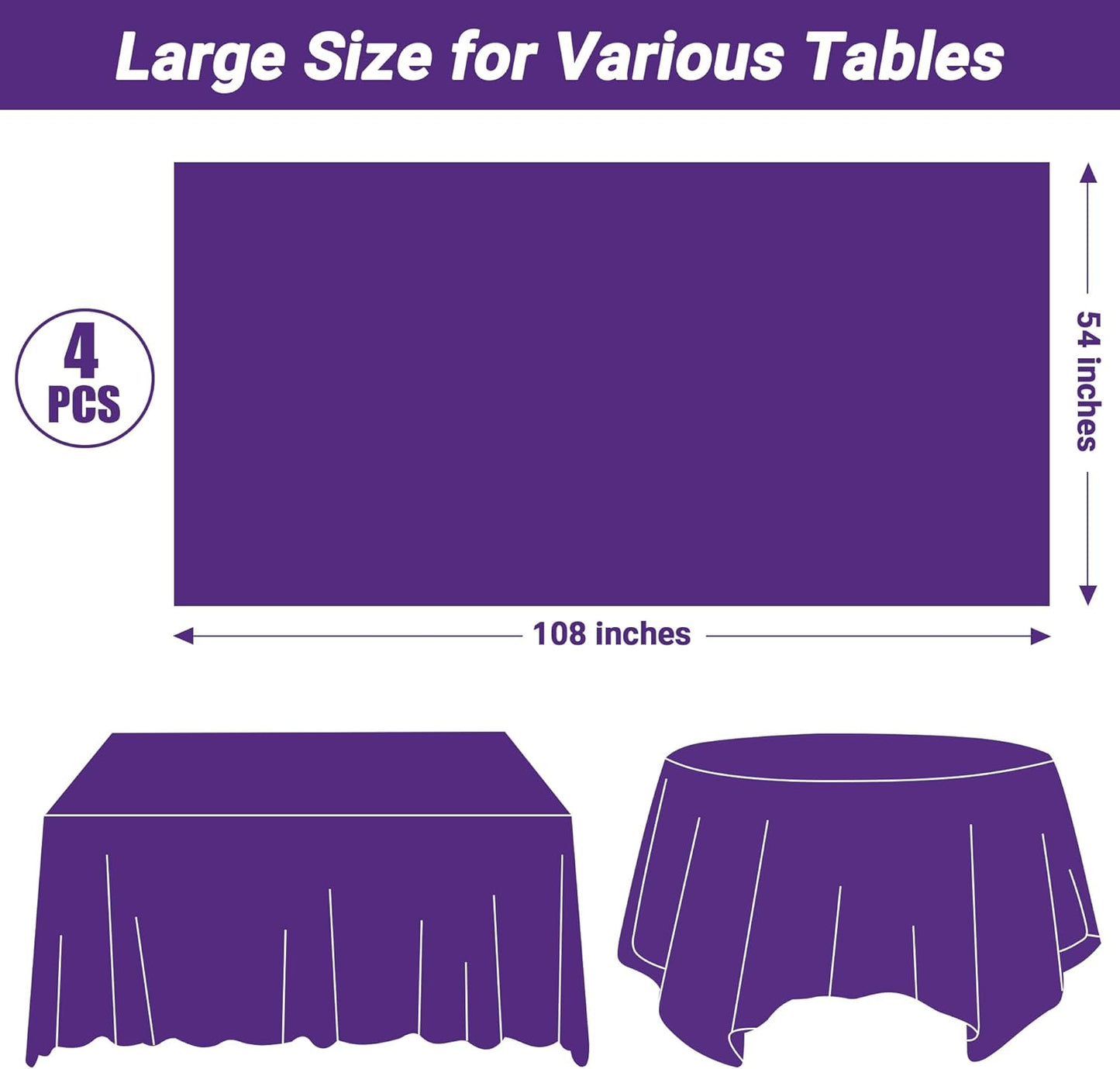 QZYL 4 PCS Plastic Table Cloth, 54" x 108" Purple Picnic Table Cover, for 6 to 8 Foot Tables, Rectangle Tablecloth for Birthday, BBQ, Wedding and Party Decorations, Indoor Outdoor Home Essentials