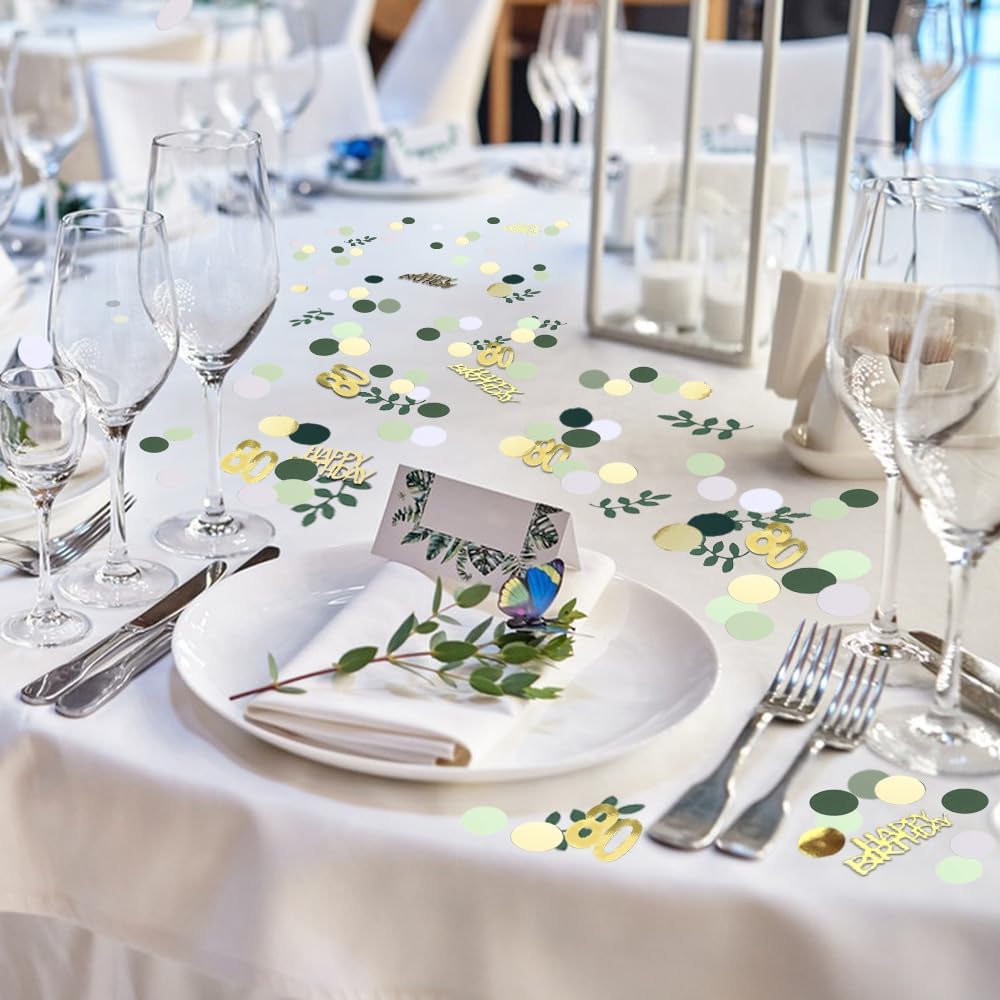 Sage Green 80th Happy Birthday Confetti, 80th Birthday Table Decorations Scatter Green Gold Foil Cake Confetti Decorations for 80 Bday Women Men Party Decor 230 Pcs