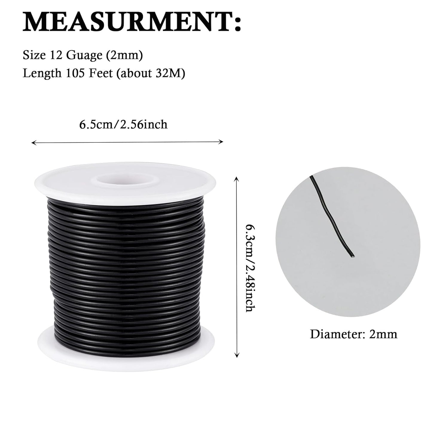 12 Gauge Black Aluminum Craft Wire (105FT) - Anodized for Jewelry Making, Beading Floral, Plant Gardening, Sculpting & Modeling Craft Wire (Black #10, 2mm)