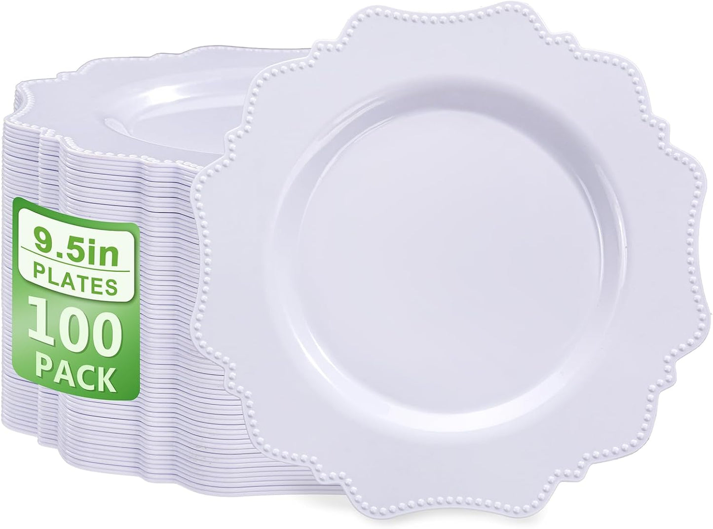 COLOSUS 100pcs 9.5 Inch-White Plastic Dinner Plates, Fancy White Plastic Plates,Heavy Duty Disposable Dinner Plates for Party Wedding and Everyday Use