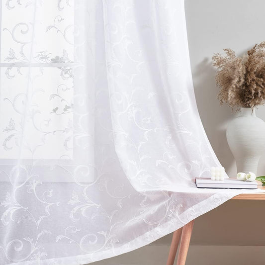 Sheer Curtains White 95 Inches Vintage Embroidered Floral, Window Treatments Rod Pocket Drapes for Living room, Bedroom, Semi Crinkle Voile Curtain Panels for Yard, Villa, Parlor, Set of 2, 52"x95".