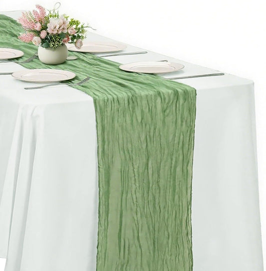Olive Green Cheesecloth Table Runner -21*120Inch Long Boho Wedding Table Decor, Rustic Gauze Fabric Runner for Bridal Showers, Baby Showers & Parties (Sheer, Lightweight, Wrinkled Design)