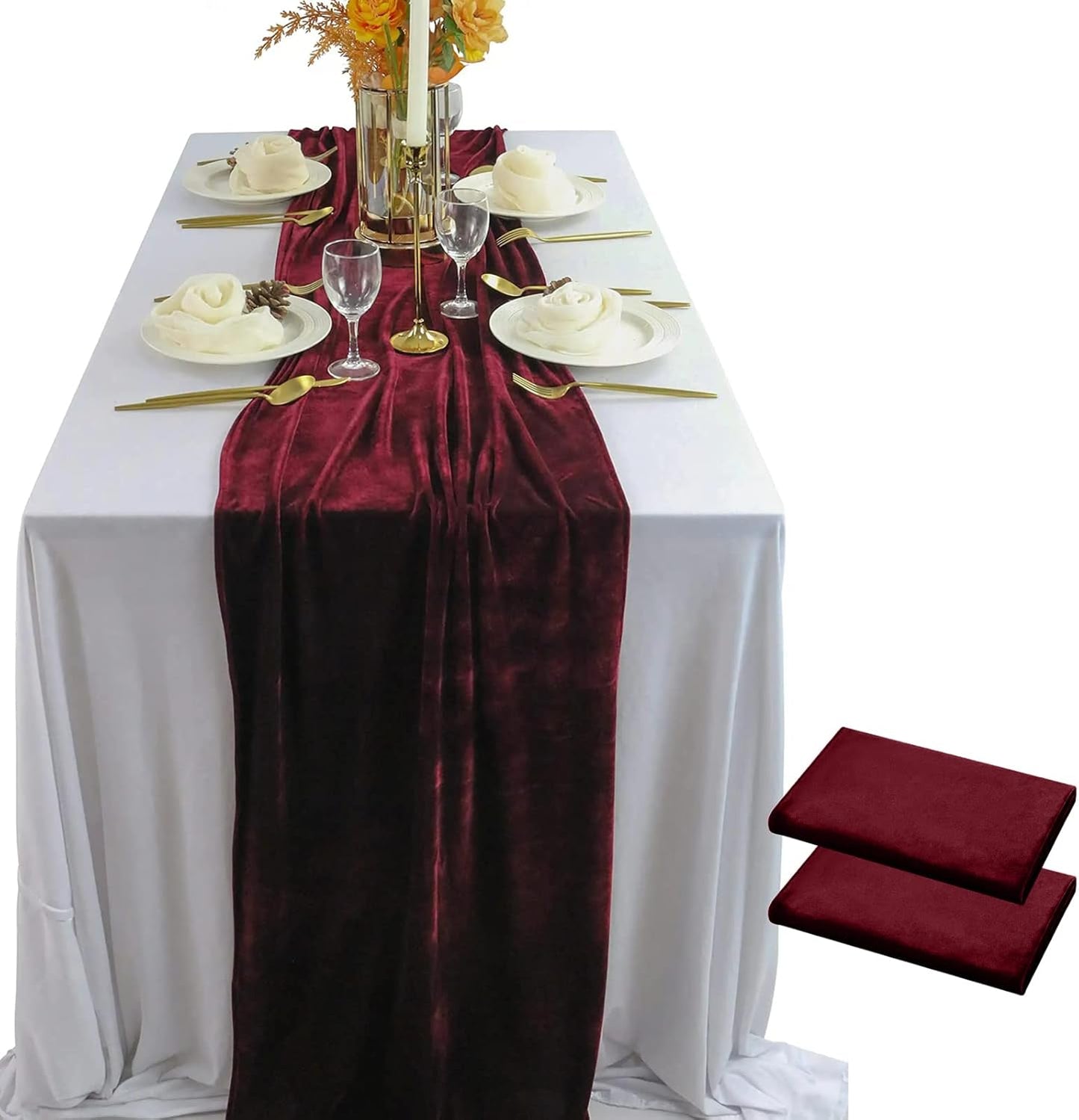 Luxurious Velvet Table Runner, 10ft Wedding Reception Decorations, 20x120inch Soft Velvet Fabric, Table Linen Overlay, Wedding Table Runners (Burgundy, 20X120inch, 2pack)