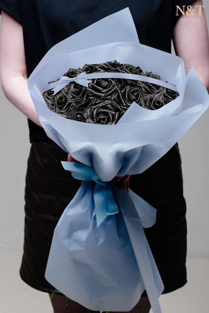 N&T NIETING Artificial Flowers Glowing Black Flowers Foam 50pcs Glitter Roses Real Looking Fake Roses with Stem for DIY Wedding Bouquets Centerpieces Bridal Shower Party Home Decorations