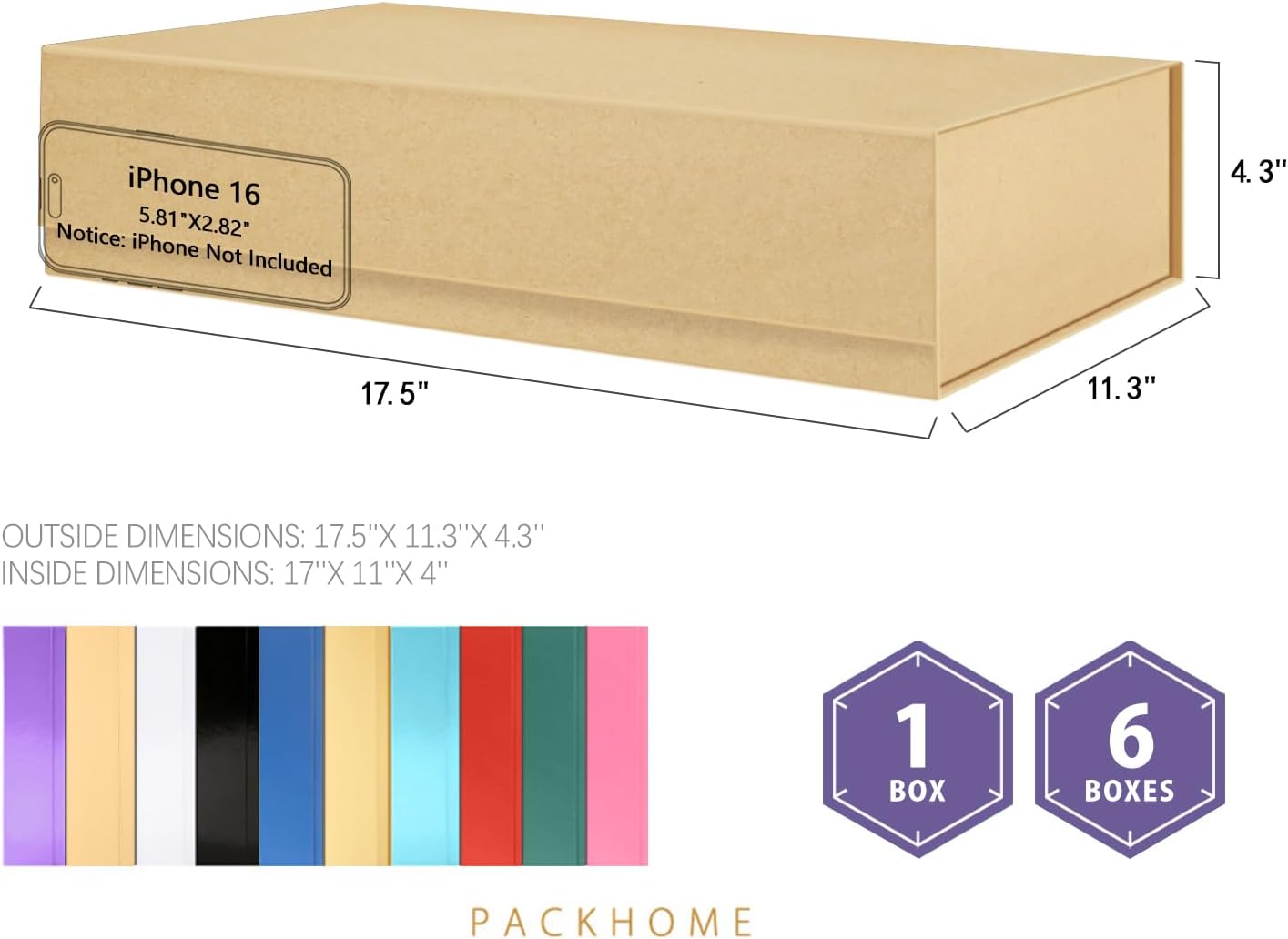 PACKHOME 6 Extra Large Gift Boxes 17.5x11.3x4.3 Inches, Sturdy Shirt Boxes with Magnetic Lids for Clothes and Large Gifts (Kraft)