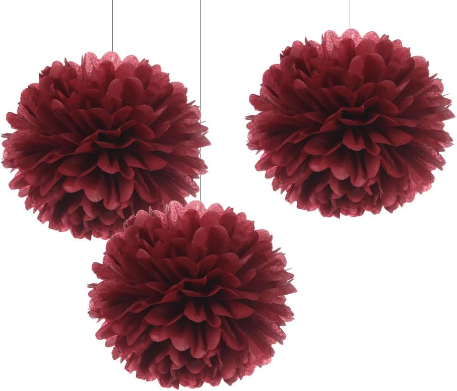 12" Burgundy Tissue Pom Poms DIY Hanging Paper Flower Balls for Bridal Shower Birthday Party Wedding Backdrop Dessert Table Decoration Supplies, Pack of 12