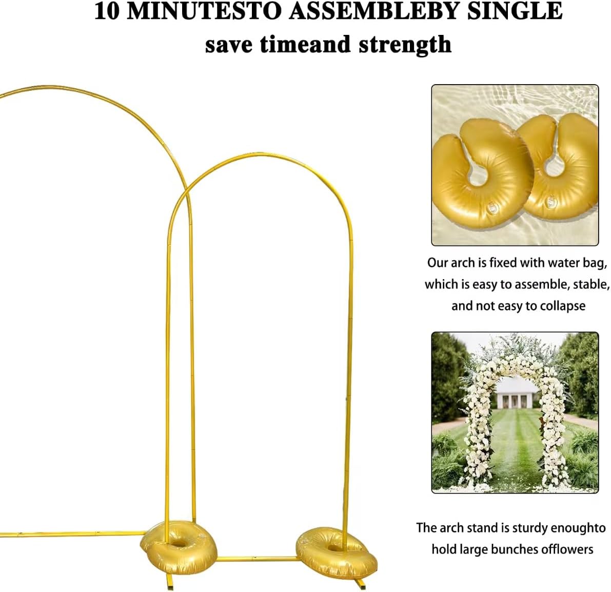6foot Wedding Arch Frame and 2 Golden Water Bags, Arch Background Stand, Suitable for Weddings, Birthday Parties, Brides, Baby Parties, Photo Booths, Garden Decorations