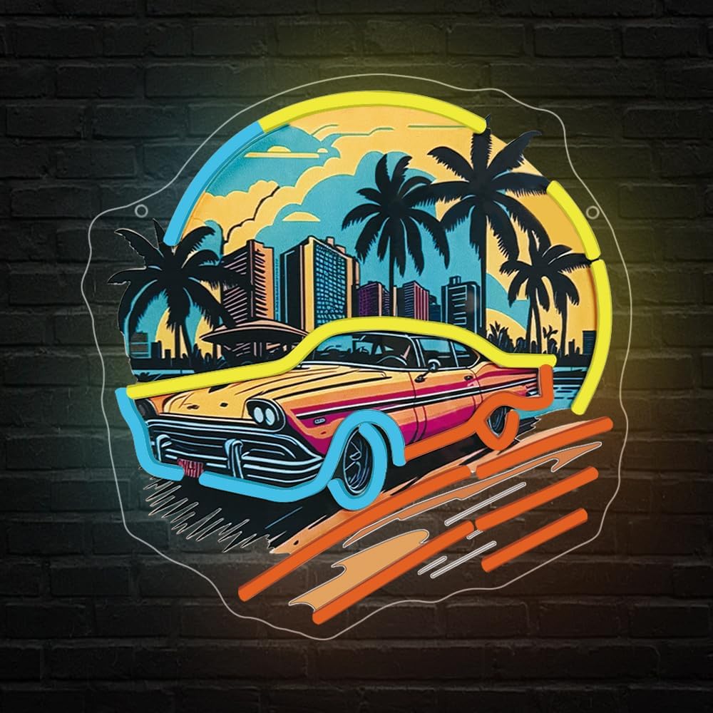 Sports Car Neon Signs for Wall Decor,Racing Car LED Signs for Bedroom,Cool UV Print Hawaiian Style Neon Sign for Boys And Girls Room,Sunset Lamp Man Cave Garage Gaming Lights Game Room Decor