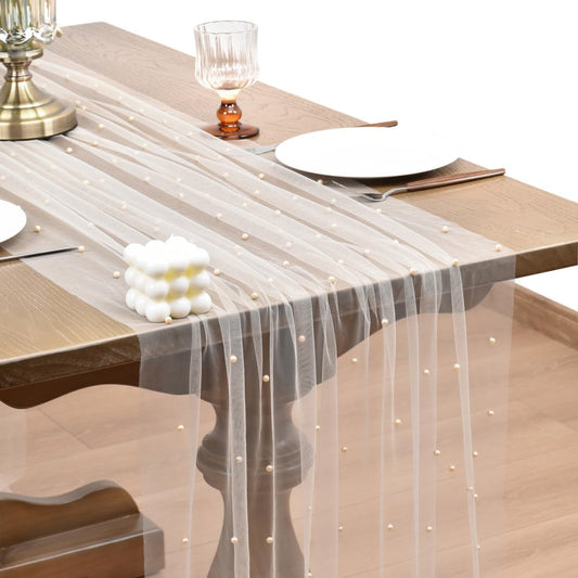 Joanlody Fall Pearl Table Runner 10ft Rustic Boho Tulle Table Runner with Pearls for Baby Shower Wedding Party Veil Dessert Thanksgiving Table Decor Champagne 4pcs