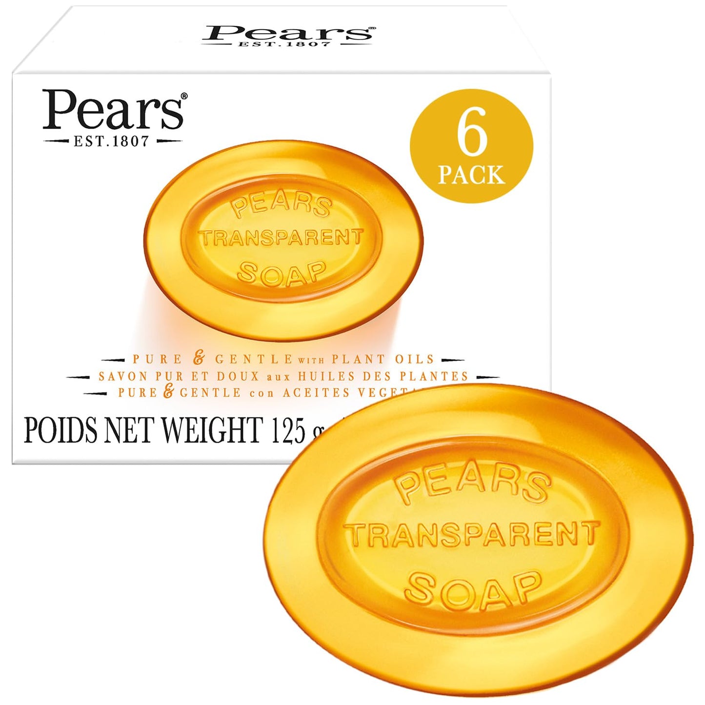 PEARS Glycerin Soap, Transparent Amber with Natural Oils, 6-Pack – Pure & Gentle Cleanser for Soft, Glowing Skin, 4.4 Oz Ea