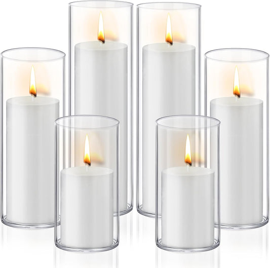 12 PCS White Pillar Candles with Glass Candle Holders Clear Hurricane Candle Holders Glass Cylinder Vases for Centerpieces Wedding Party, Event, Home Office (6 Candles+6 Candle Hoders)