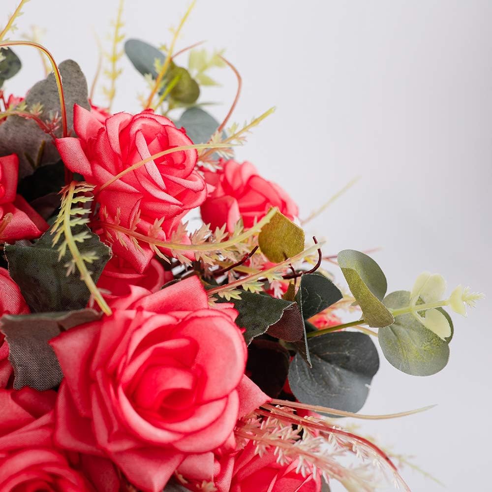 LESING Artificial Rose with Vase,Fake Silk Flowers Bouquets in Vase Table Centerpiece Arrangement for Kitchen Living Room(Red-1)