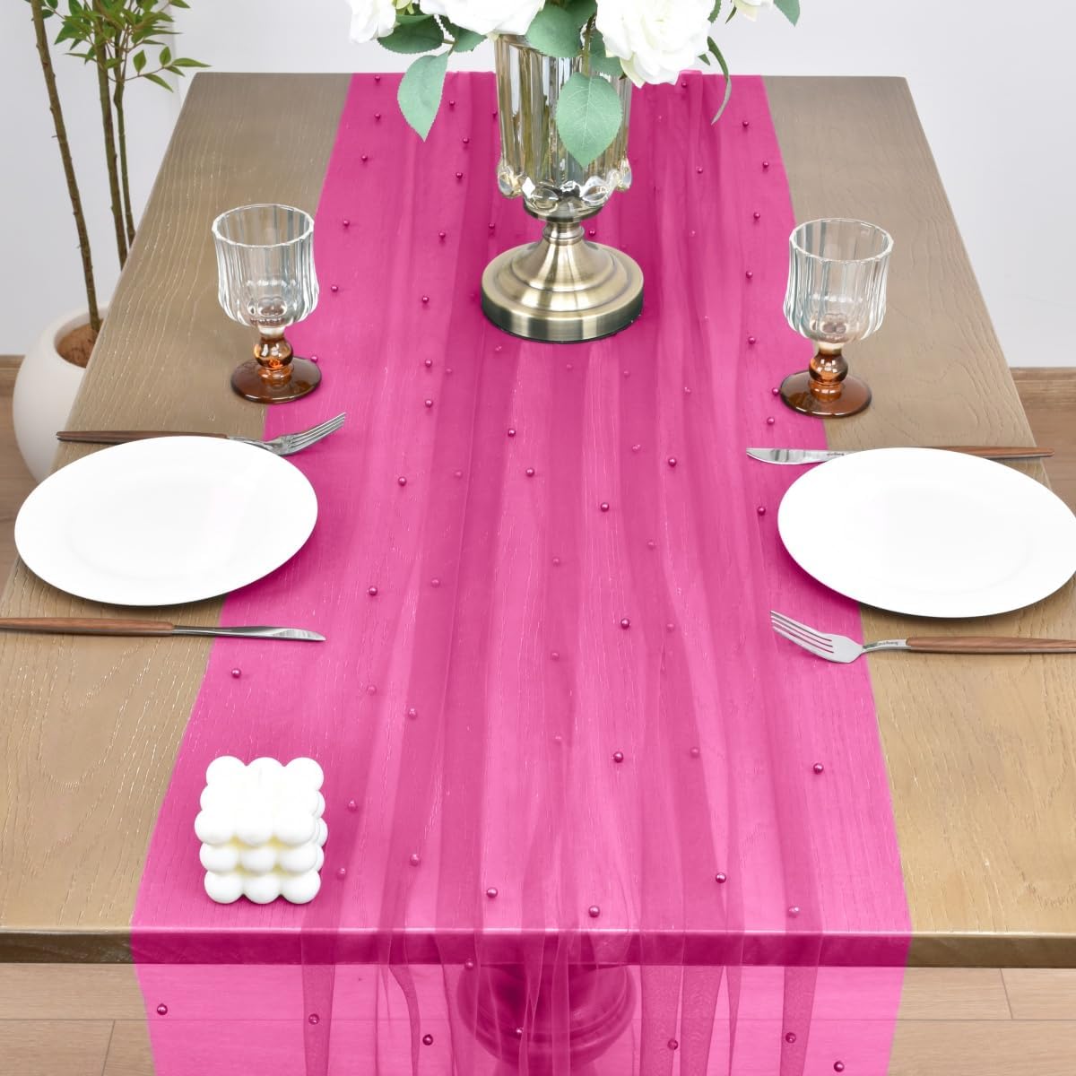 Joanlody Fall Fuschia Pearl Table Runner 10ft Rustic Boho Tulle Table Runner with Pearls for Baby Shower Wedding Party Veil Dessert Thanksgiving Table Decor Hot Pink