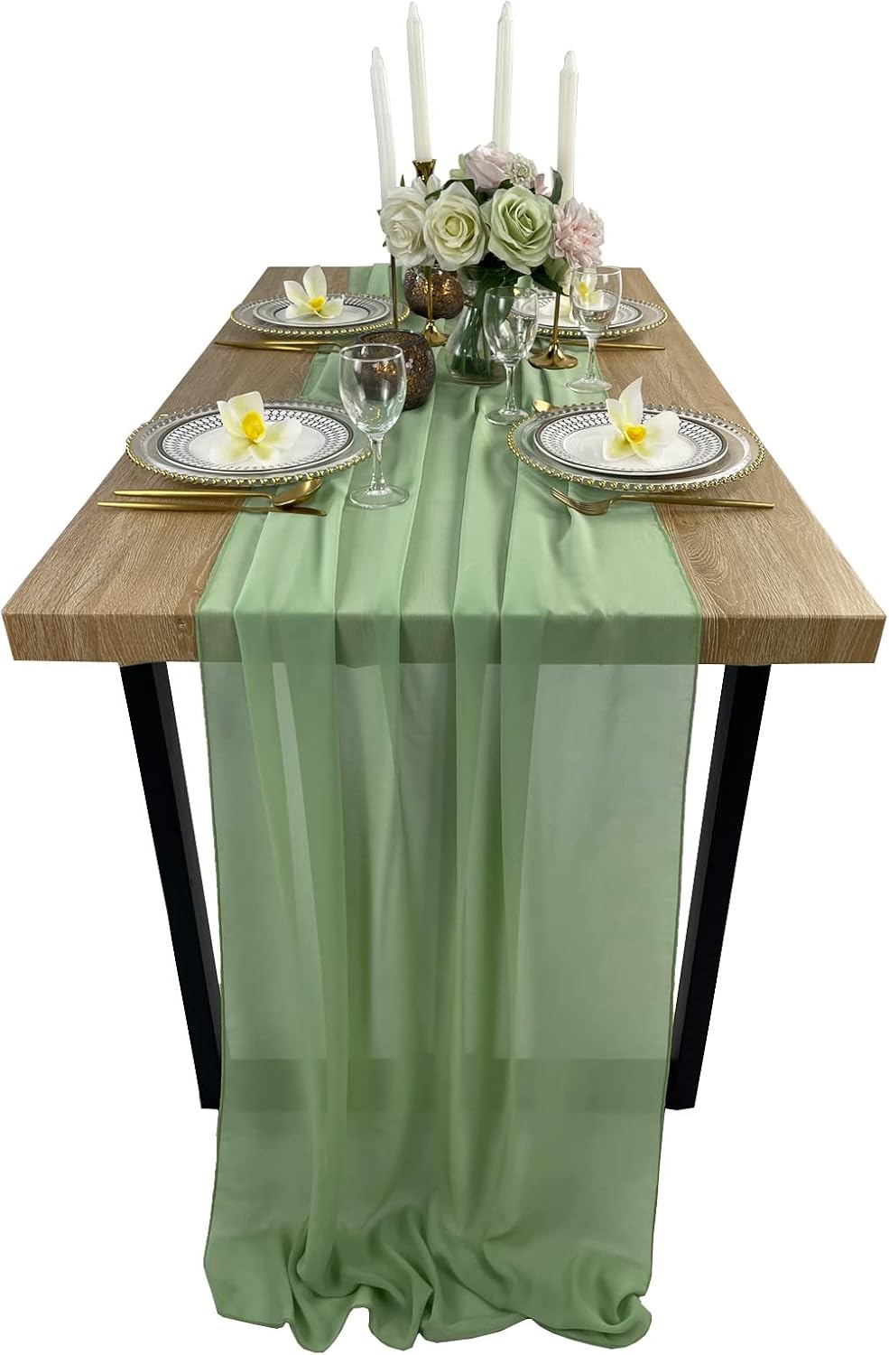 EHLDekol 13ft Sage Green Chiffon Table Runner, 29x156 Inches Romantic and Rustic Boho Wedding Runner, Sheer Bridal Party Decorations