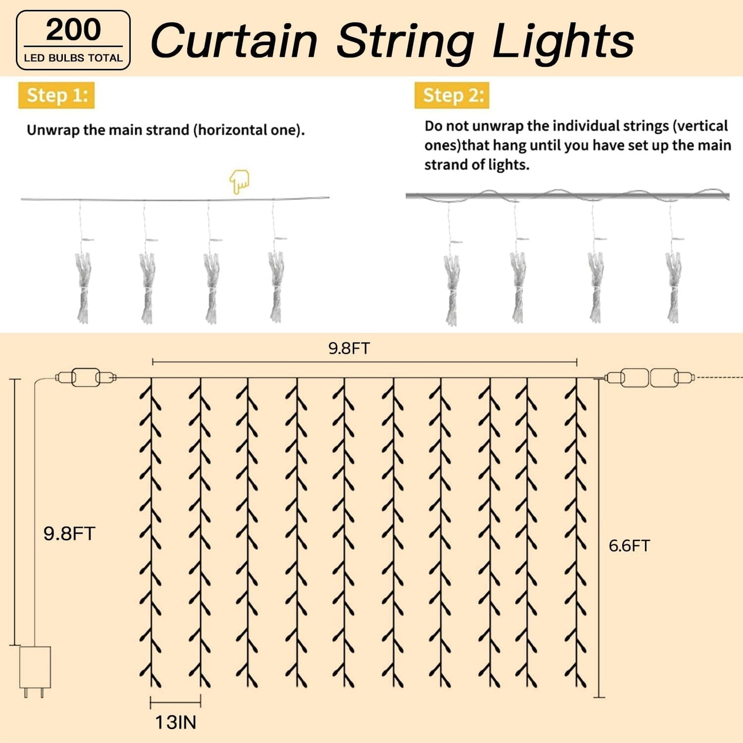 200 LED Curtain String Lights 9.8 * 6.6FT Plug in Fairy with Timer and 8 Modes, Waterproof Window Wall for Bedroom Wedding Party Indoor Outdoor Christmas Decor