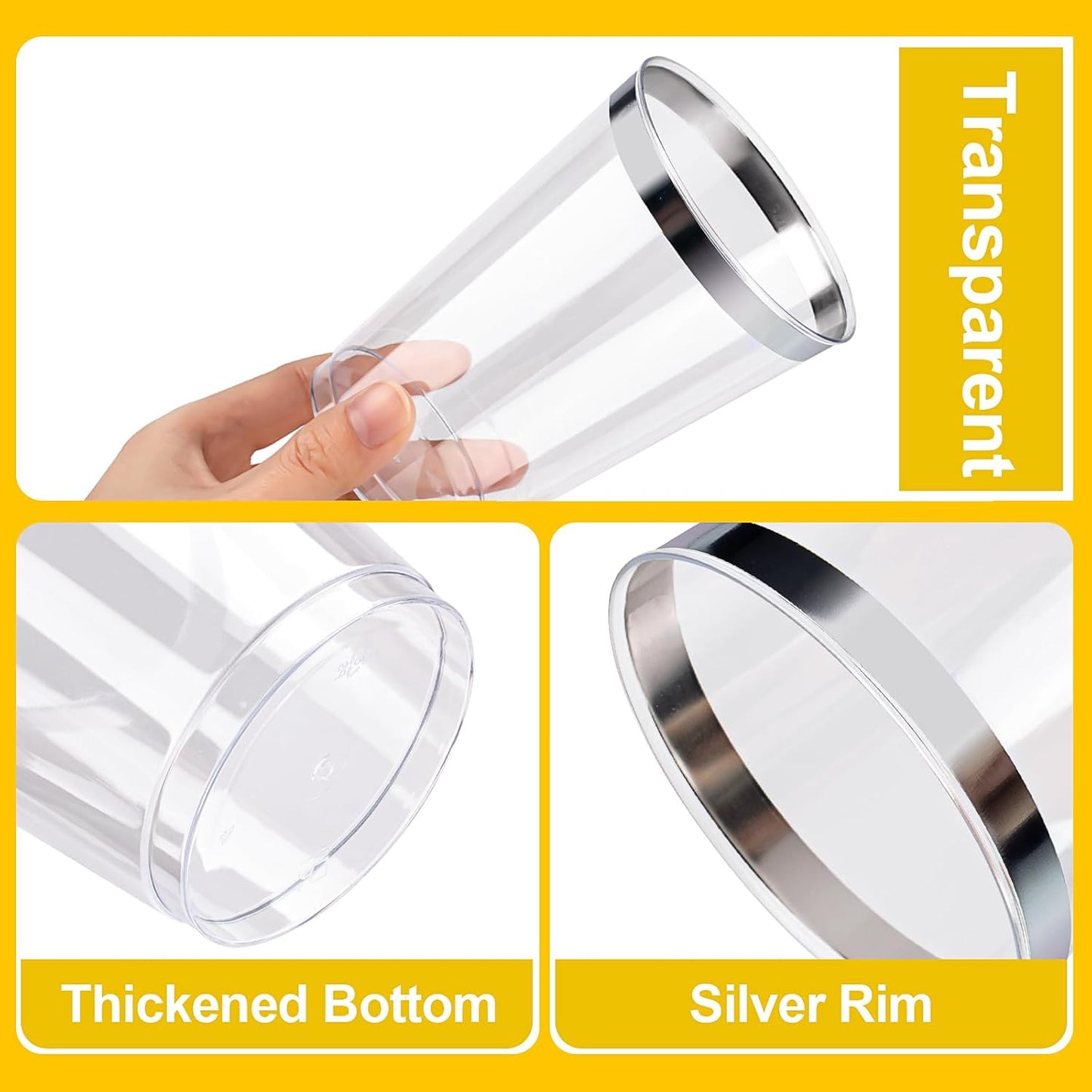 BESTVIP 12oz Silver Plastic Cups, 100 Pack Silver Rimmed Disposable Cups, Heavy-duty Party Cocktail Glasses for Christmas, Thanksgiving, Plastic Cups for Party, Holiday, Wedding and Birthday