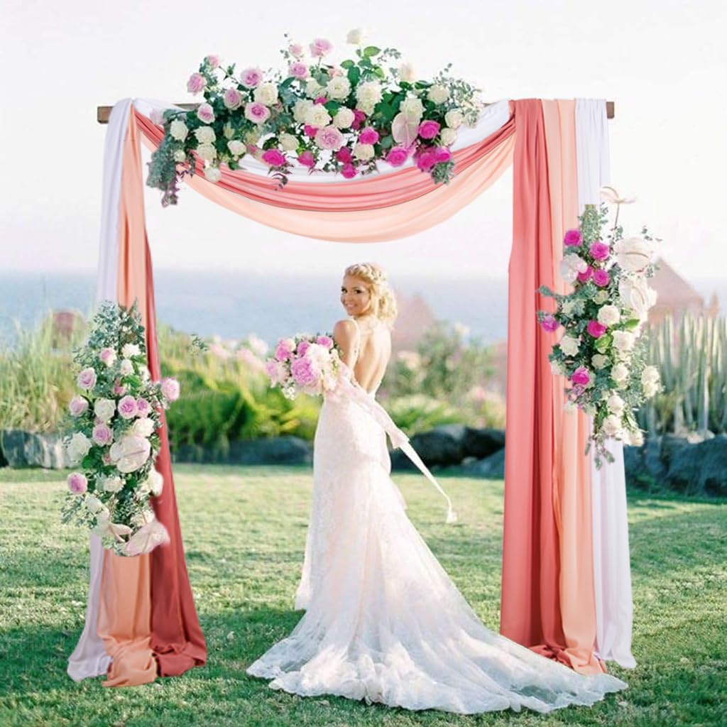3 Panels Dusty Rose Arch Drapery 20Ft Chiffon Drapes Sheer Hanging for Wedding Background Stage Bridal Shower Decoration (White+Peach+Dusty Rose)