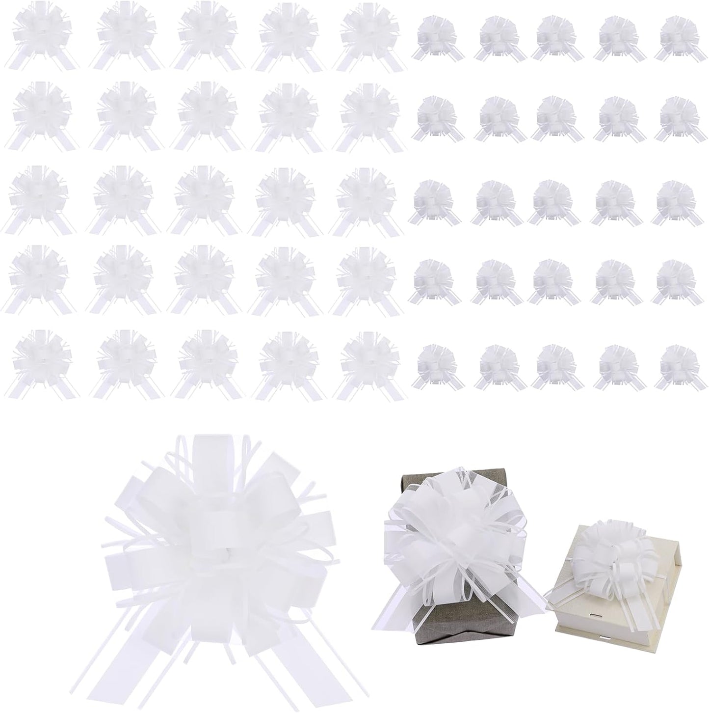 40 Pieces 6 Inches and 3 Inches Pull Bow Wrapping Pull Bow Ribbon Pull Bows for Wedding Baskets,Large Bows for Presents. (White)