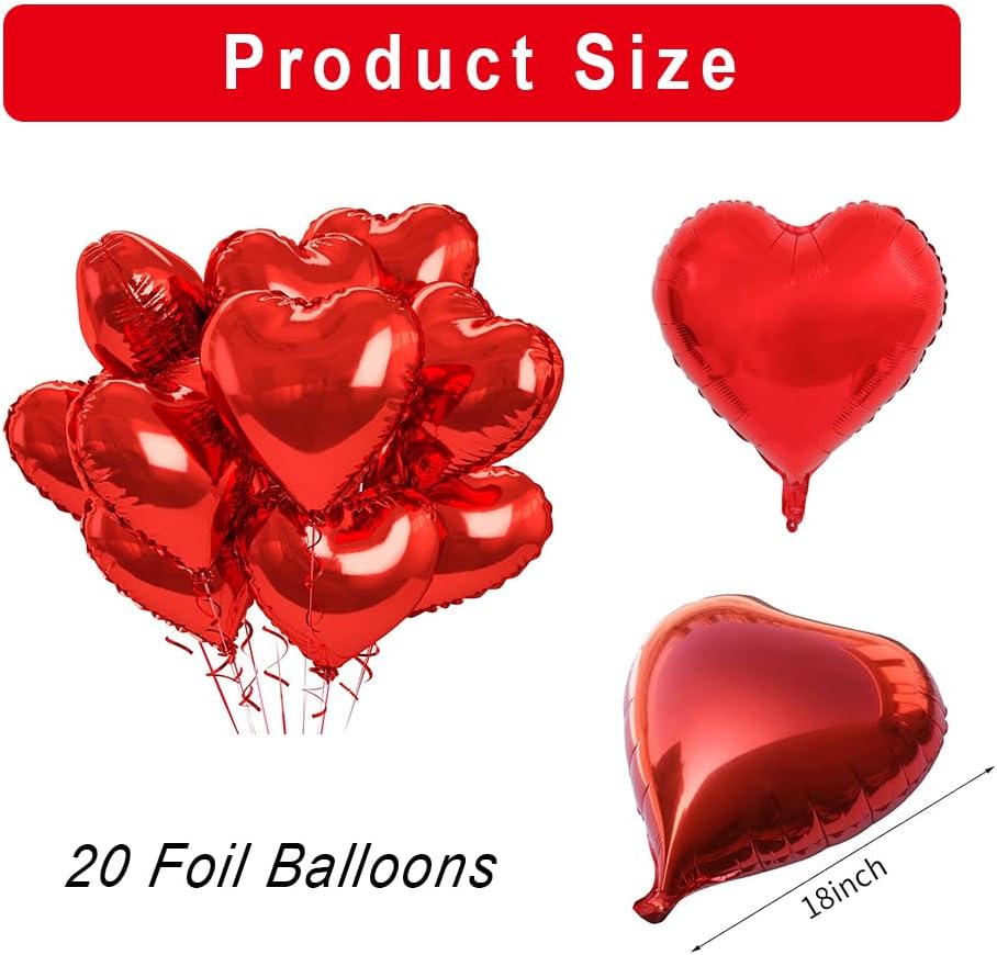 20 pcs Red Heart Balloons, 18 inch Heart Shaped Balloon foil Love Balloon for Wedding Decoration Party Balloon Valentine Birthday