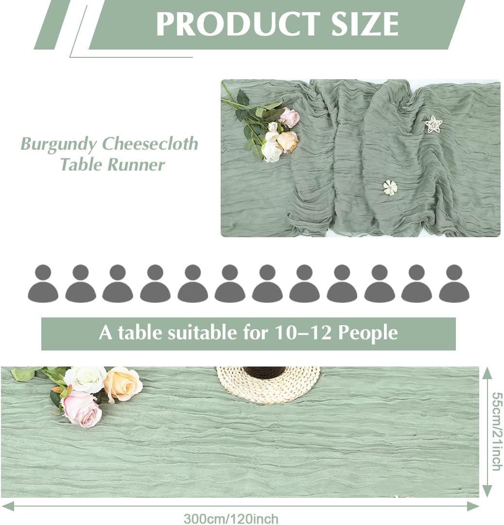 Sage Green Cheesecloth Table Runner -21*120Inch Long Boho Wedding Table Decor, Rustic Gauze Fabric Runner for Bridal Showers, Baby Showers & Parties (Sheer, Lightweight, Wrinkled Design)