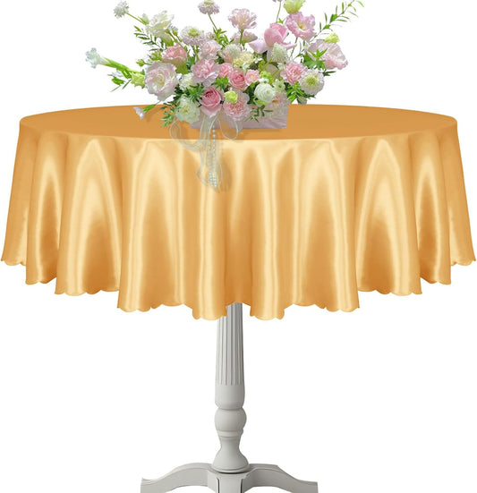 KKJIAF 1 Pack 60 Inch / 5ft Round Table Cloth, Gold Overlay Round Satin Table Cover, Silky Satin Dining Tablecloths for Wedding Buffet Parties Banquet Decoration