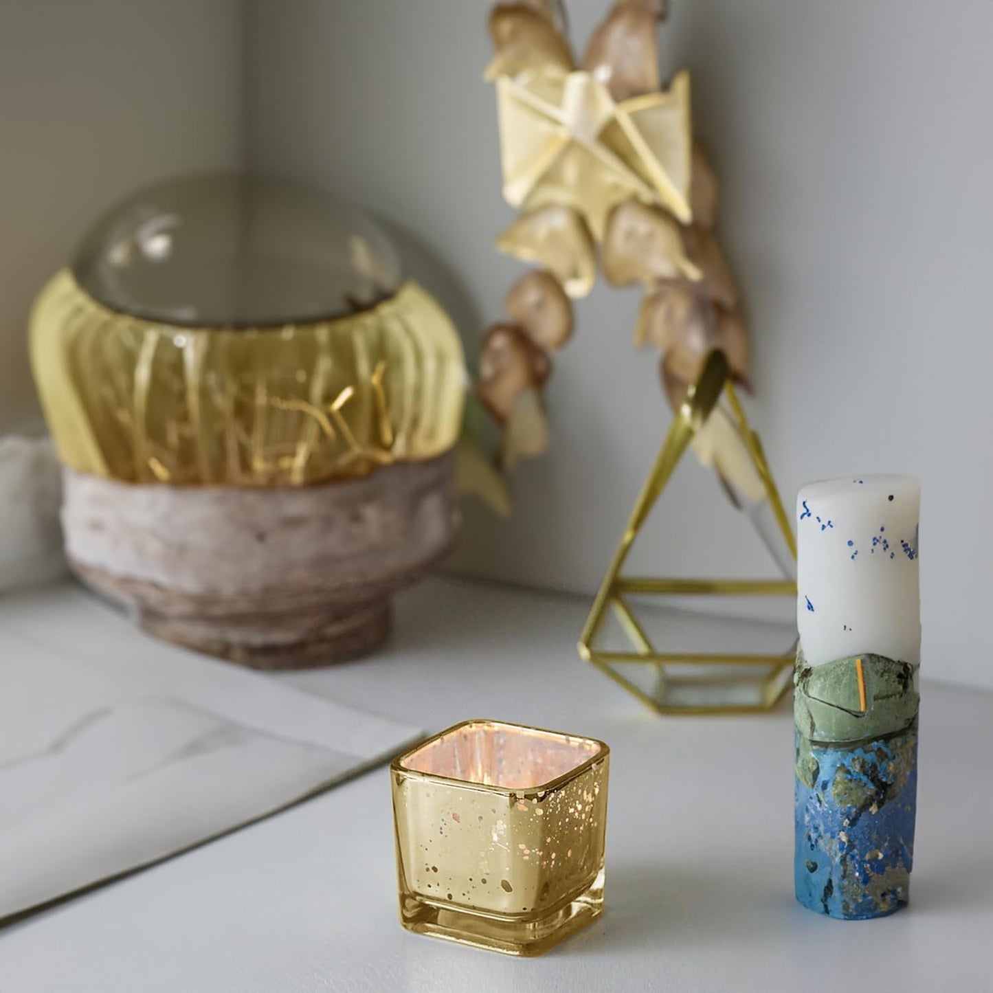 WGV 2 Inch Gold Speckle Square Cube Glass Votive Candle Holder Bulk, Small Tiny Mercury Tea Light 2x2”, 6 Pc