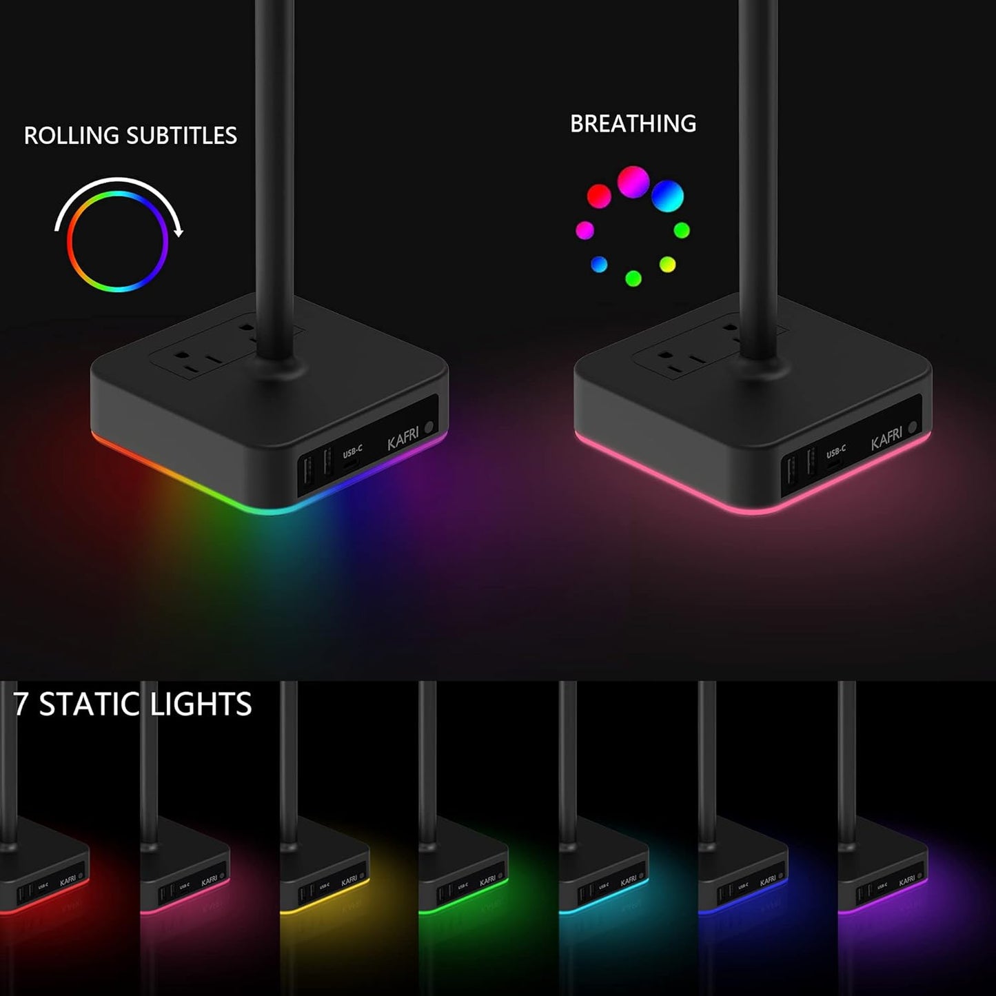 KAFRI RGB Dual Headphone Stand with USB C Charger Desk Gaming Double Headset Holder Hanger Rack with 3 USB Charging Port and 2 Outlet - Suitable for Gamer Desktop Table Game Earphone Accessories Gift