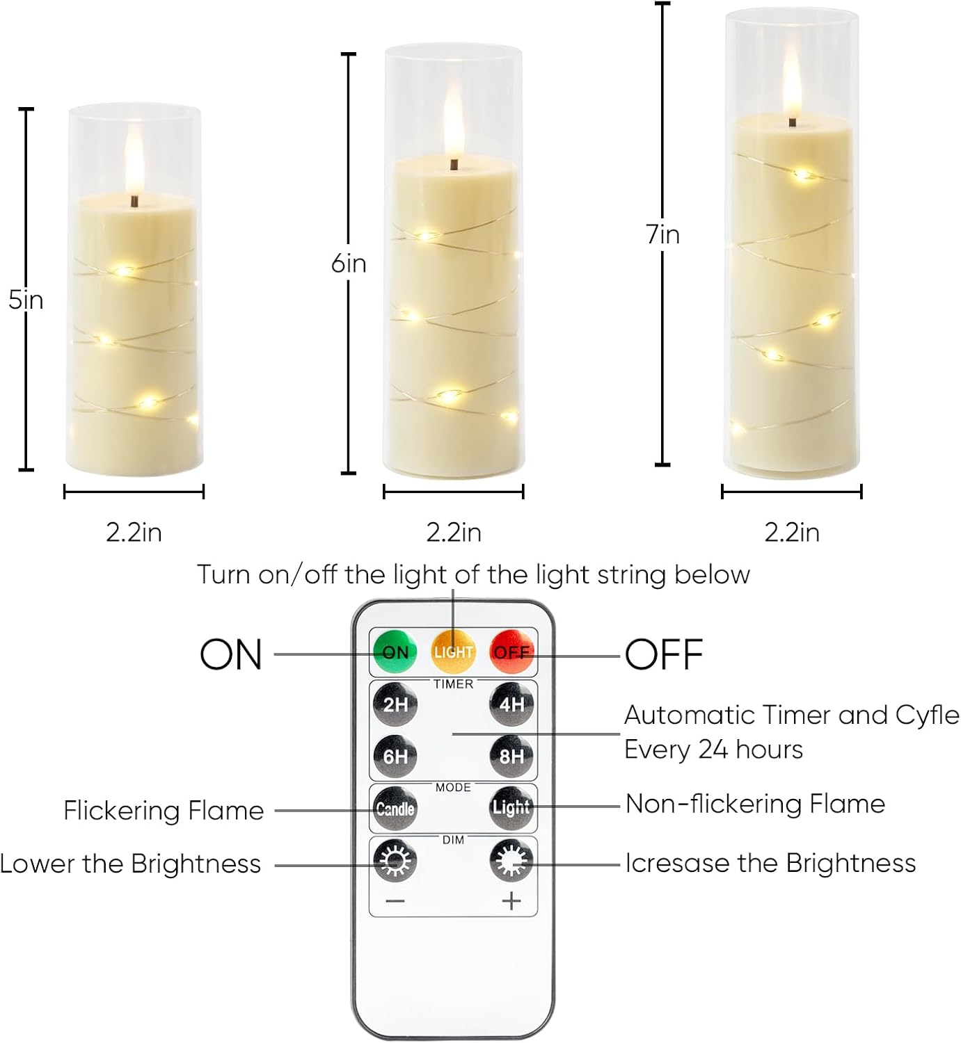 Homemory Flameless Candles with Embedded Star String Fairy Lights, Battery Operated Candles with Remote Control and Timer, Acrylic Flickering LED Candle for Fall Decor, Ivory, Set of 9, D2.2”xH5”6”7”