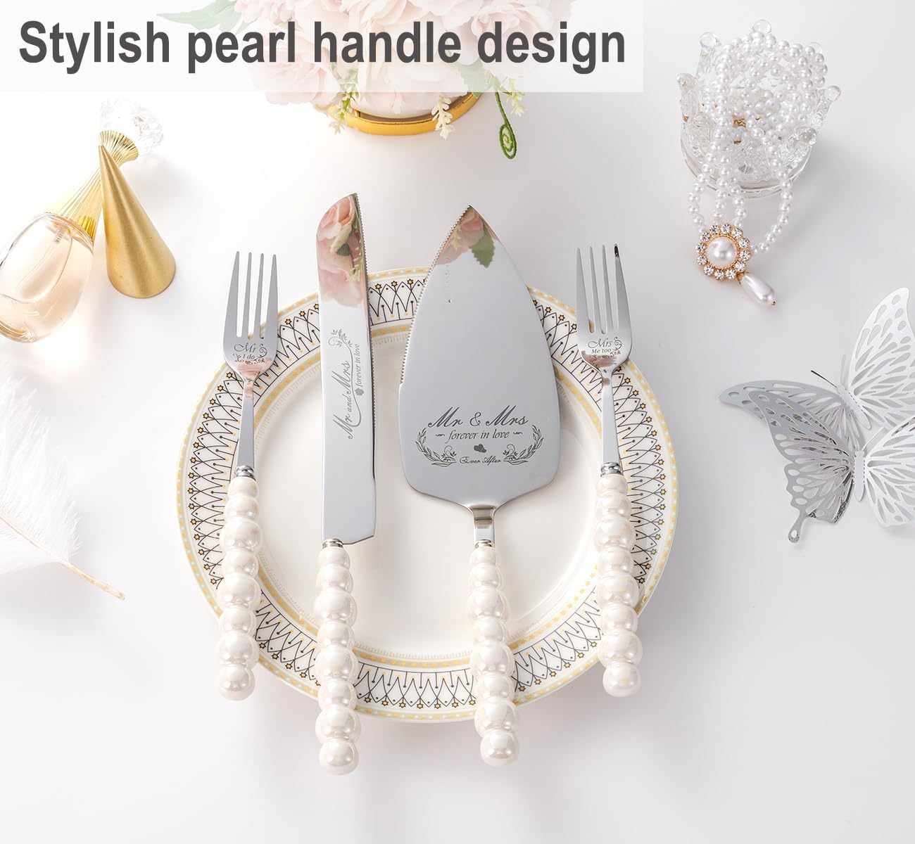 Wedding Cake Knife and Server Set, Ceramic Pearl Handle Cake Cutting Set for Wedding Gifts Bridal Shower Gifts Engagement Gifts for Couples