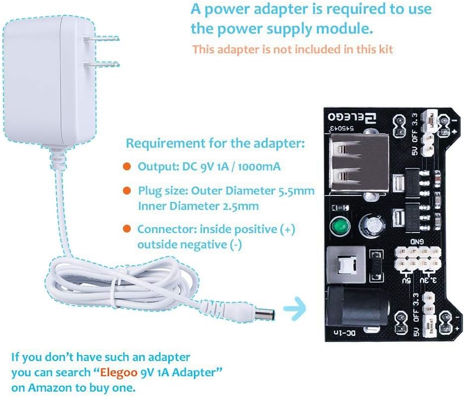 ELEGOO Upgraded Electronics Fun Kit w/Power Supply Module, Jumper Wire, Precision Potentiometer, 830 tie-Points Breadboard Compatible with Arduino, STM32