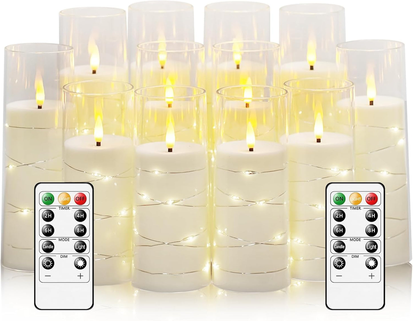 Flameless Candles with Embedded Star String - Battery Operated LED Candles, with Remote,12 White Flickering Candles for Christmas, Weddings, Home Decor & Party,(D 2.3"×H 5" 6" 7")