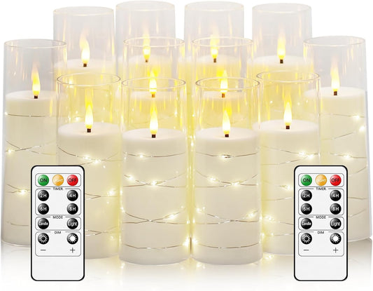 Flameless Candles with Embedded Star String - Battery Operated LED Candles, with Remote,12 White Flickering Candles for Christmas, Weddings, Home Decor & Party,(D 2.3"×H 5" 6" 7")