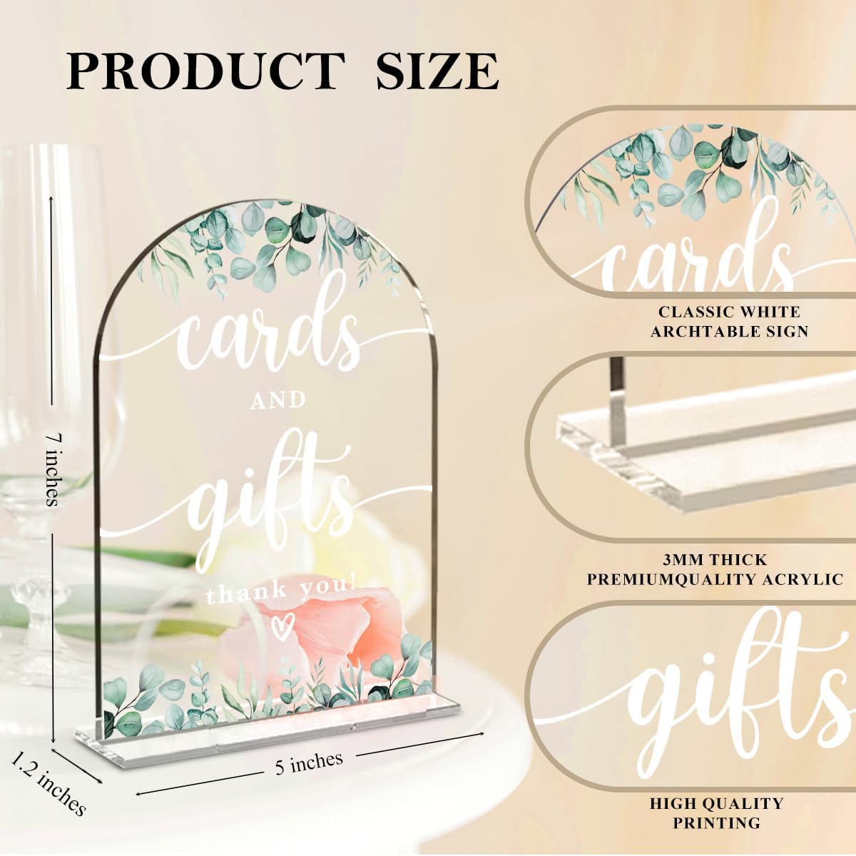 2 Pcs Acrylic Wedding Signs for Reception, Bridal Shower Decorations, Cards and Gifts Signs, Guest Book Sign, Arch Acrylic Table Top Sign with Holder for Wedding Reception (Clear Eucalyptus Leaves)